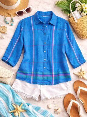 Westbound Blue Linen Button Front Shirt Plaid Lightweight Top Medium